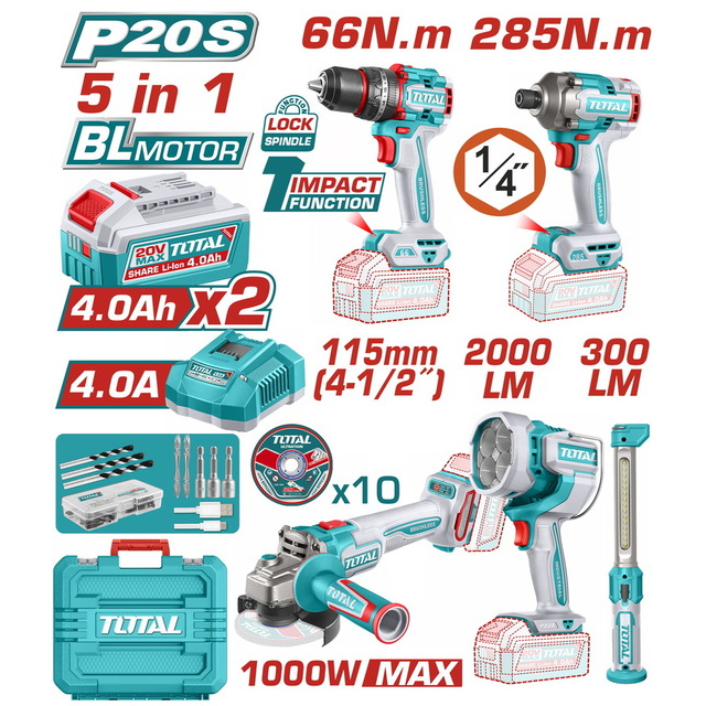 TOTAL ΕΠΑΓΓ. ΣΕΤ 5τεμ ΕΡΓΑΛΕΙΩΝ ΜΠΑΤ. Li-ion 20V / 4Ah / 2 ΜΠΑΤΑΡΙΕΣ BL Motor